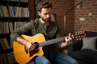Guitariste adulte jouant un accord barré Gm sur guitare acoustique avec une technique de doigté précise