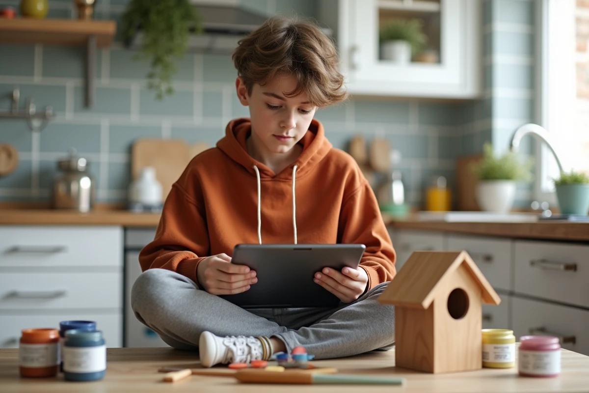 Adolescent fier de sa cabane à oiseaux faite maison en regardant un tutoriel bricolage sur tablette dans une cuisine moderne