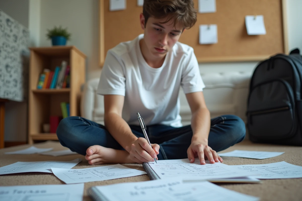 Adolescent révisant les temps de l'indicatif français assis par terre entouré de feuilles d'exercices de conjugaison