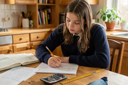 Adolescente calculant une moyenne avec coefficient sur ses cahiers de cours à la table de la cuisine