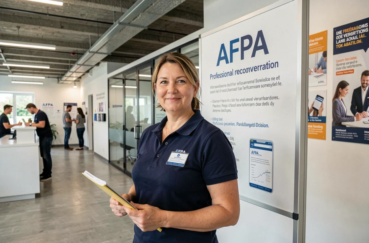 Formatrice AFPA devant le panneau d'accueil d'un centre de reconversion professionnelle