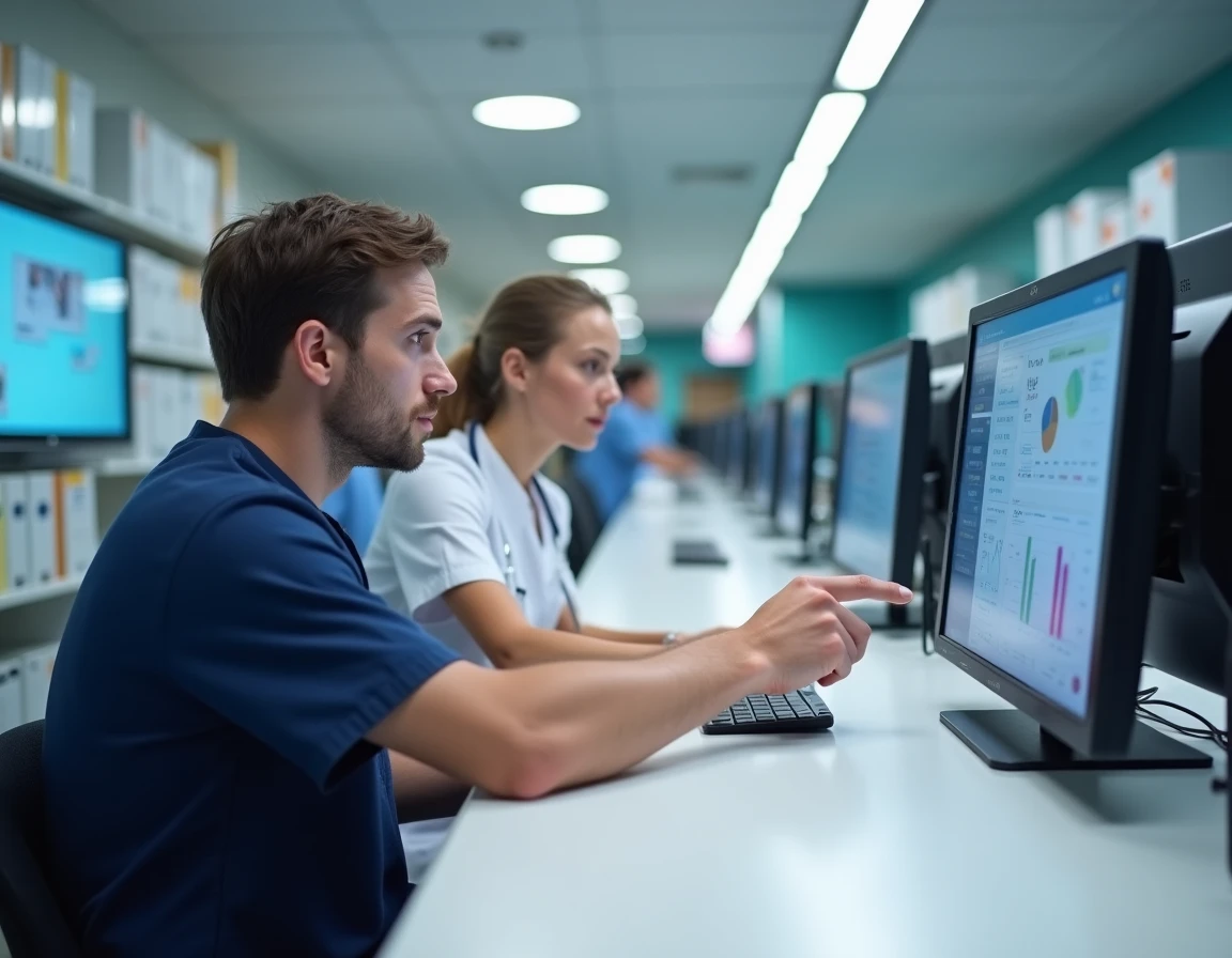 Aide-soignant et infirmière consultant un tableau de soins numérique au poste infirmier d'un établissement de santé