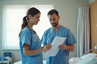 Aide-soignante et infirmier collaborant sur un protocole de soins dans une chambre d'hôpital moderne en 2026
