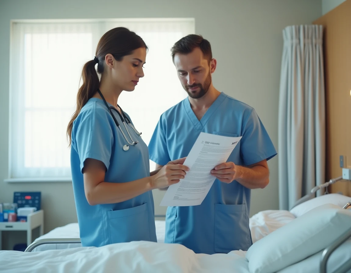 Aide-soignante et infirmier collaborant sur un protocole de soins dans une chambre d'hôpital moderne en 2026