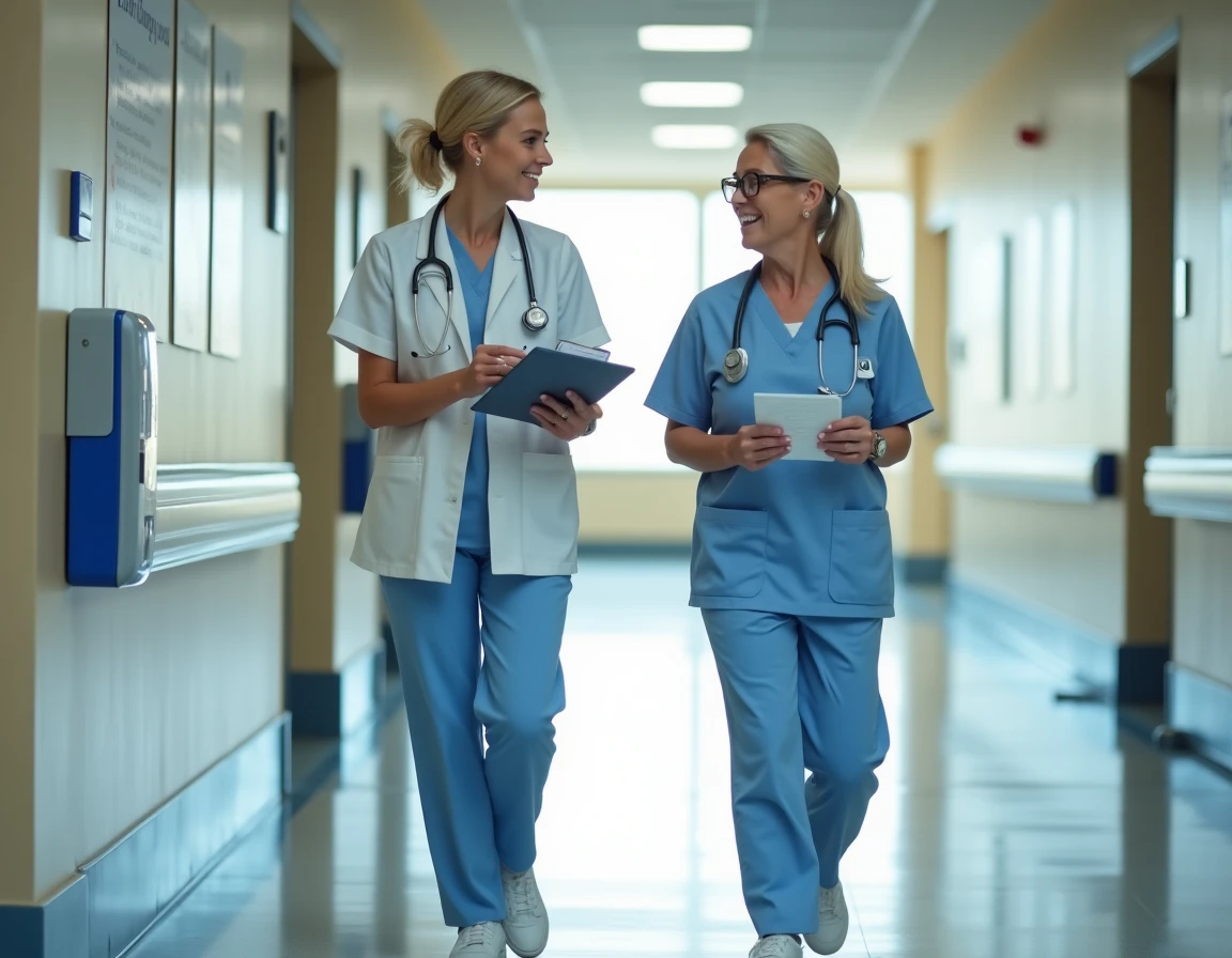 Aide-soignante et infirmière marchant dans un couloir d'hôpital et discutant de la nouvelle répartition des actes de soins 2026