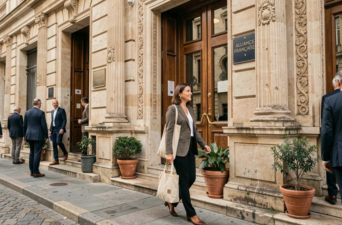 Femme professionnelle entrant dans le bâtiment de l'Alliance Française de Toulouse, façade en pierre néoclassique avec colonnes et double porte en bois