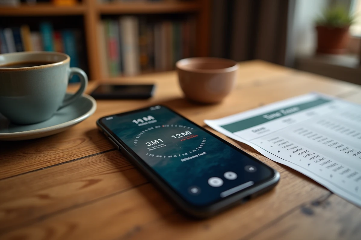 Smartphone affichant une application d'horloge mondiale avec correspondance heure AM anglais et heure française 24h