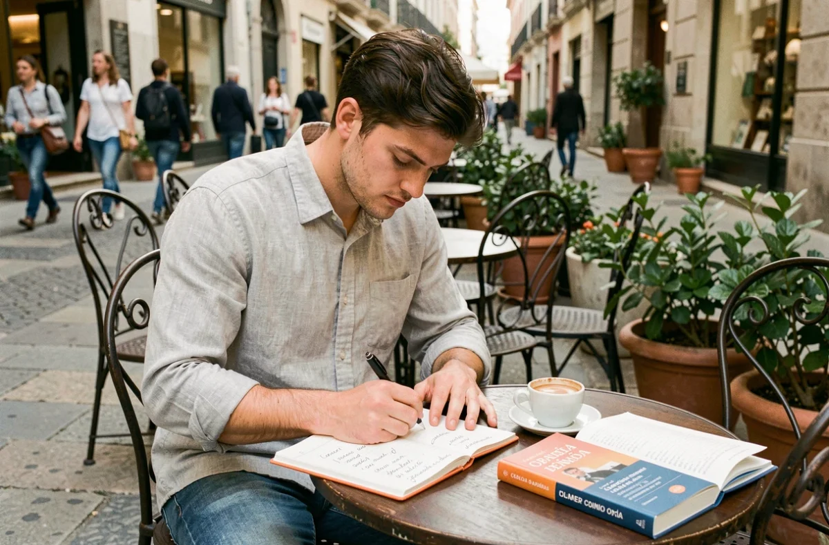 Jeune homme pratiquant l'espagnol en terrasse de café en écrivant des phrases à l'imparfait et au présent