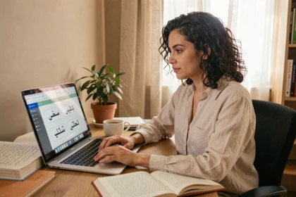 Femme apprenant l'arabe en ligne sur son ordinateur portable dans un bureau à domicile avec des manuels et des flashcards Arabic