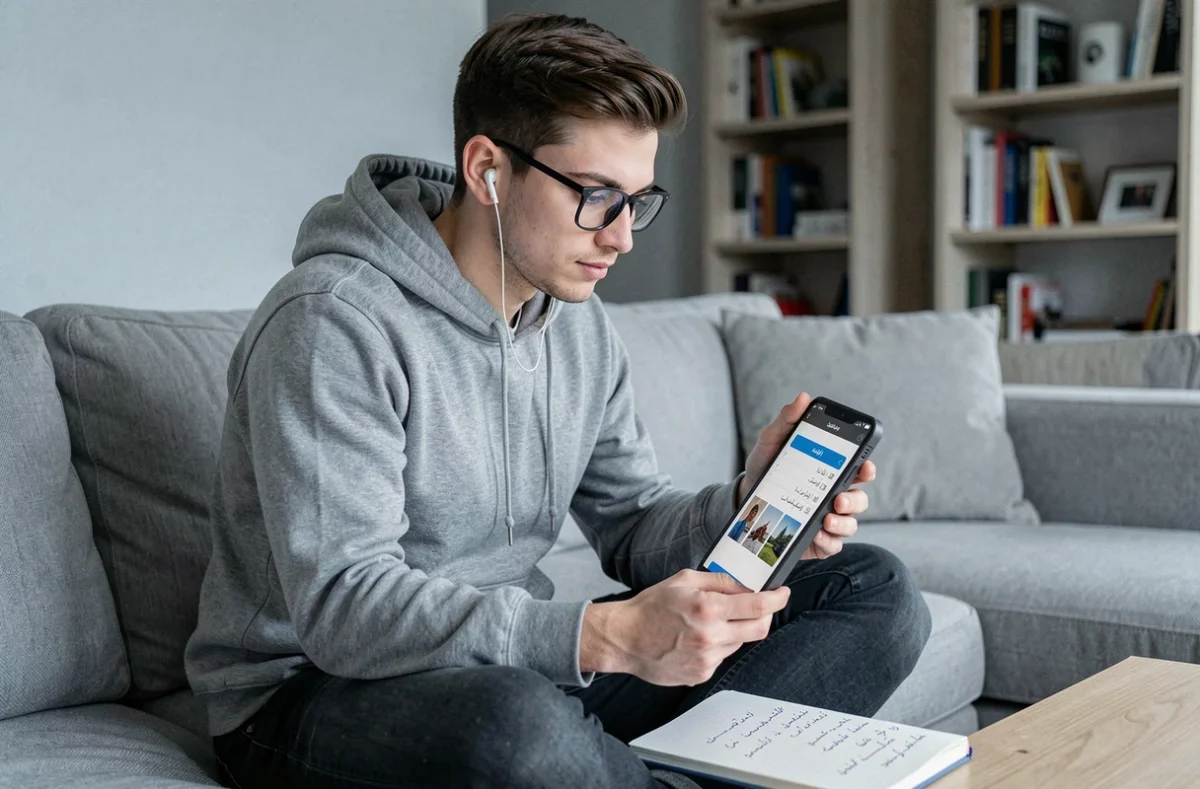 Jeune homme apprenant l'arabe en ligne via une application sur tablette, assis dans un salon moderne avec un cahier de notes