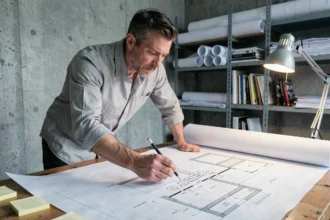 Architecte analysant des symboles électriques sur un plan architectural déroulé sur une table à dessin