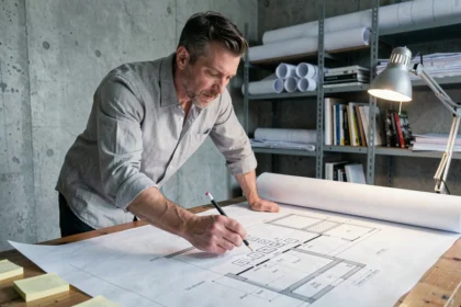 Architecte analysant des symboles électriques sur un plan architectural déroulé sur une table à dessin