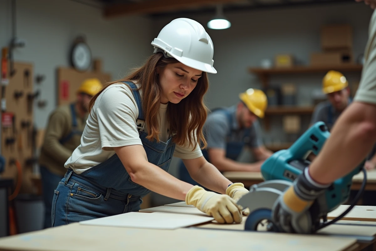 Femme participant à un atelier de formation bricolage CPF éligible pour apprendre la découpe de carrelage en toute sécurité avec un formateur professionnel