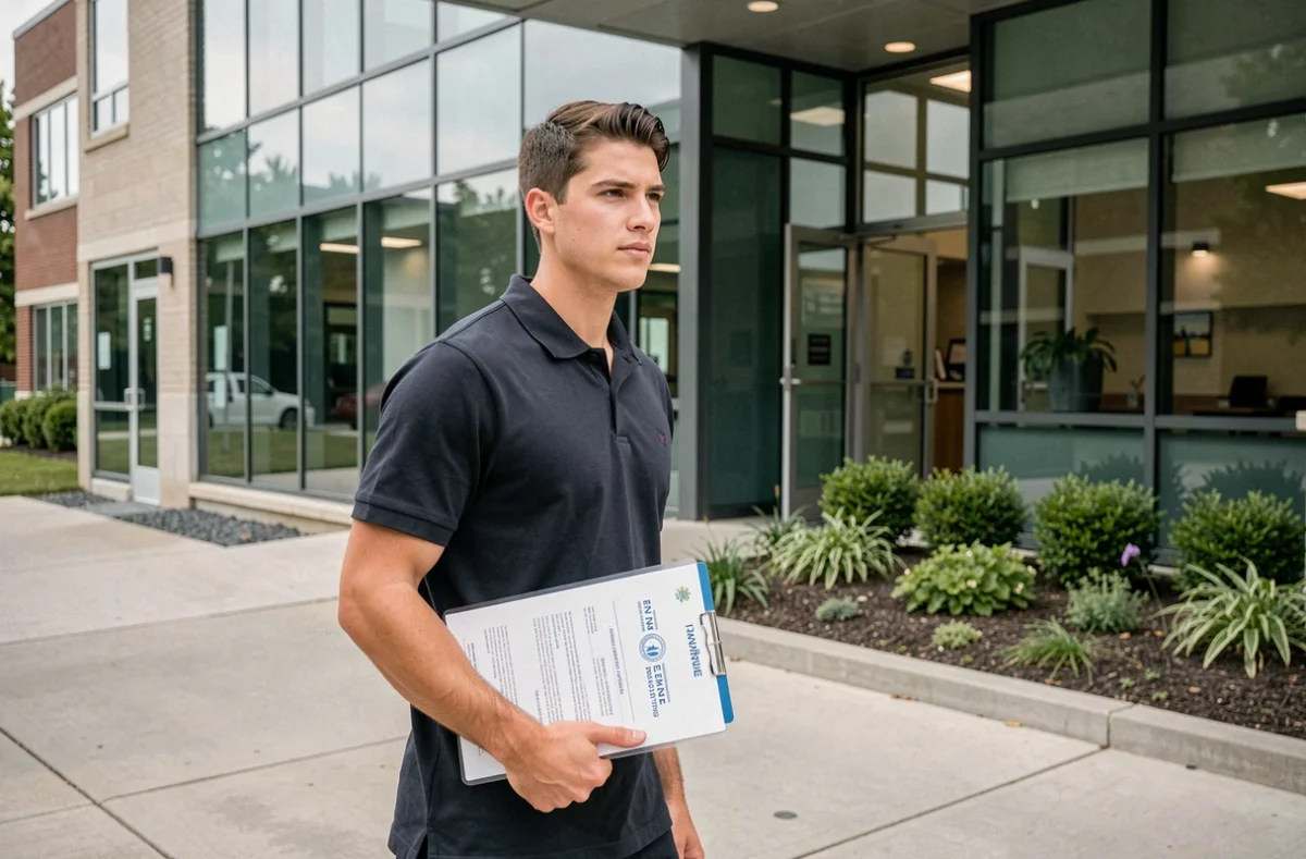 Jeune candidat en alternance GIPSA se dirigeant vers l'entrée d'une école vétérinaire avec son CV, symbolisant la démarche de candidature pour un poste d'ASV en alternance