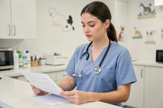 Jeune femme en tenue professionnelle de soins vétérinaires consultant des documents à l'accueil d'une clinique vétérinaire, illustrant une candidature en alternance ASV