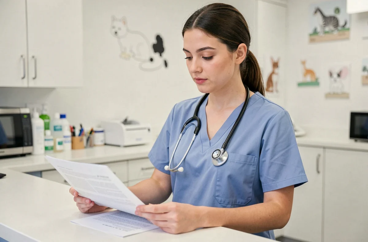 Jeune femme en tenue professionnelle de soins vétérinaires consultant des documents à l'accueil d'une clinique vétérinaire, illustrant une candidature en alternance ASV