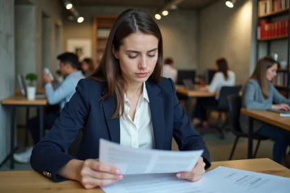Jeune femme en blazer marine révisant sa candidature pour une alternance en marketing digital dans un espace de coworking parisien