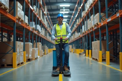 Cariste en entrepôt logistique manœuvrant un transpalette électrique avec équipement de sécurité obligatoire