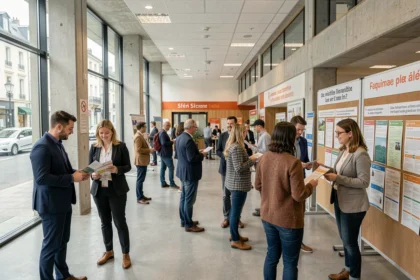 Apprenants adultes dans le hall d'un centre de formation du Grand Est, consultant des programmes de formation professionnelle