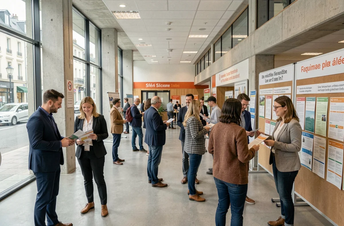 Apprenants adultes dans le hall d'un centre de formation du Grand Est, consultant des programmes de formation professionnelle