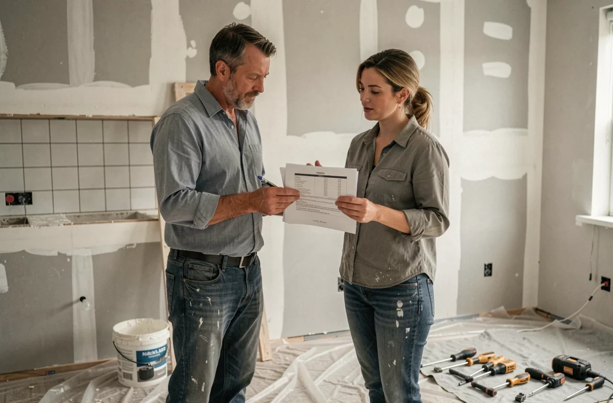Deux adultes en tenue de travail discutant d'un programme de certification bricolage CPF sur un chantier de rénovation intérieure