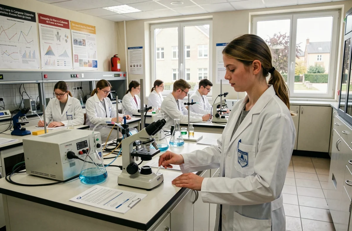 Apprentie en blouse blanche assistant à une démonstration en laboratoire au CFA Universitaire Champagne-Ardenne