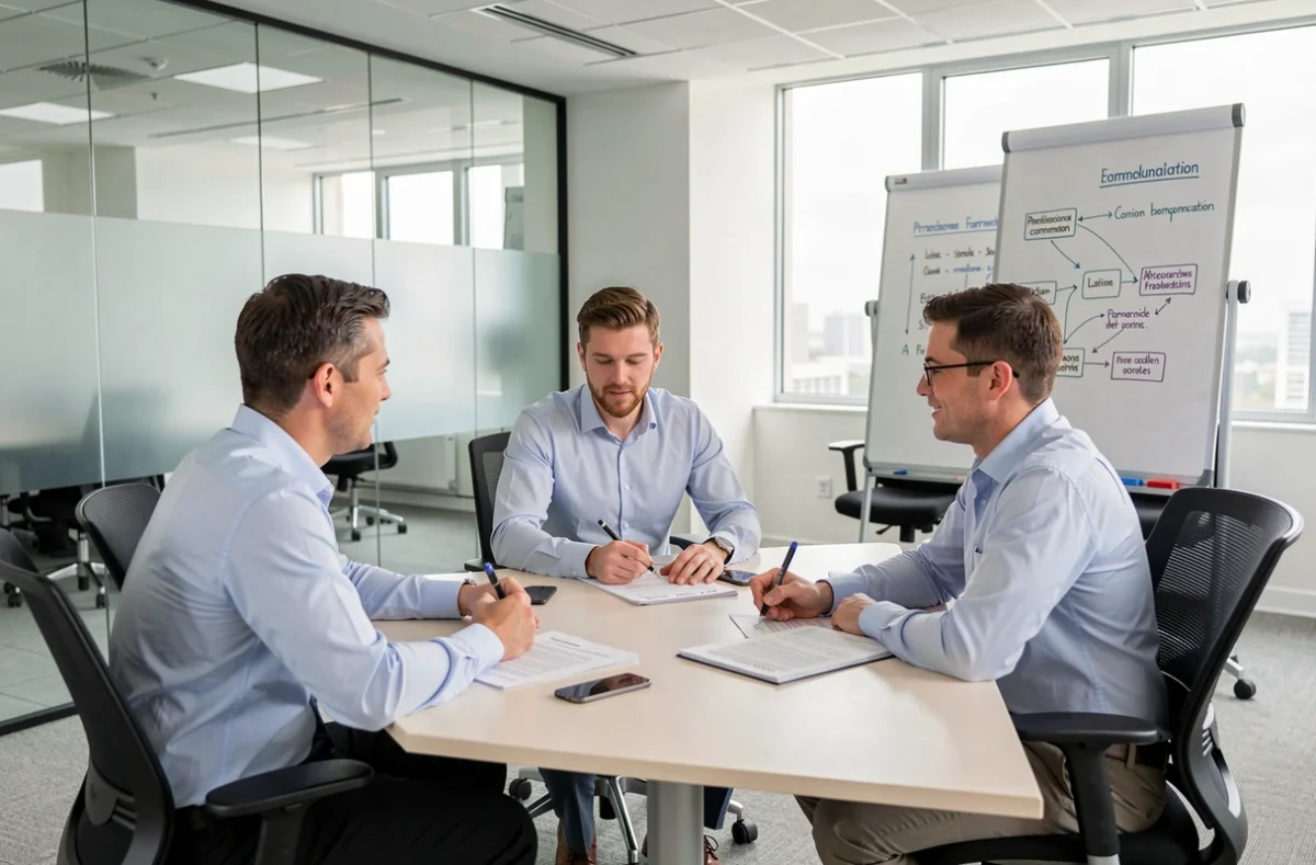 Professionnels adultes en formation linguistique intensive autour d'une table de conférence dans une salle de formation moderne avec supports pédagogiques bilingues
