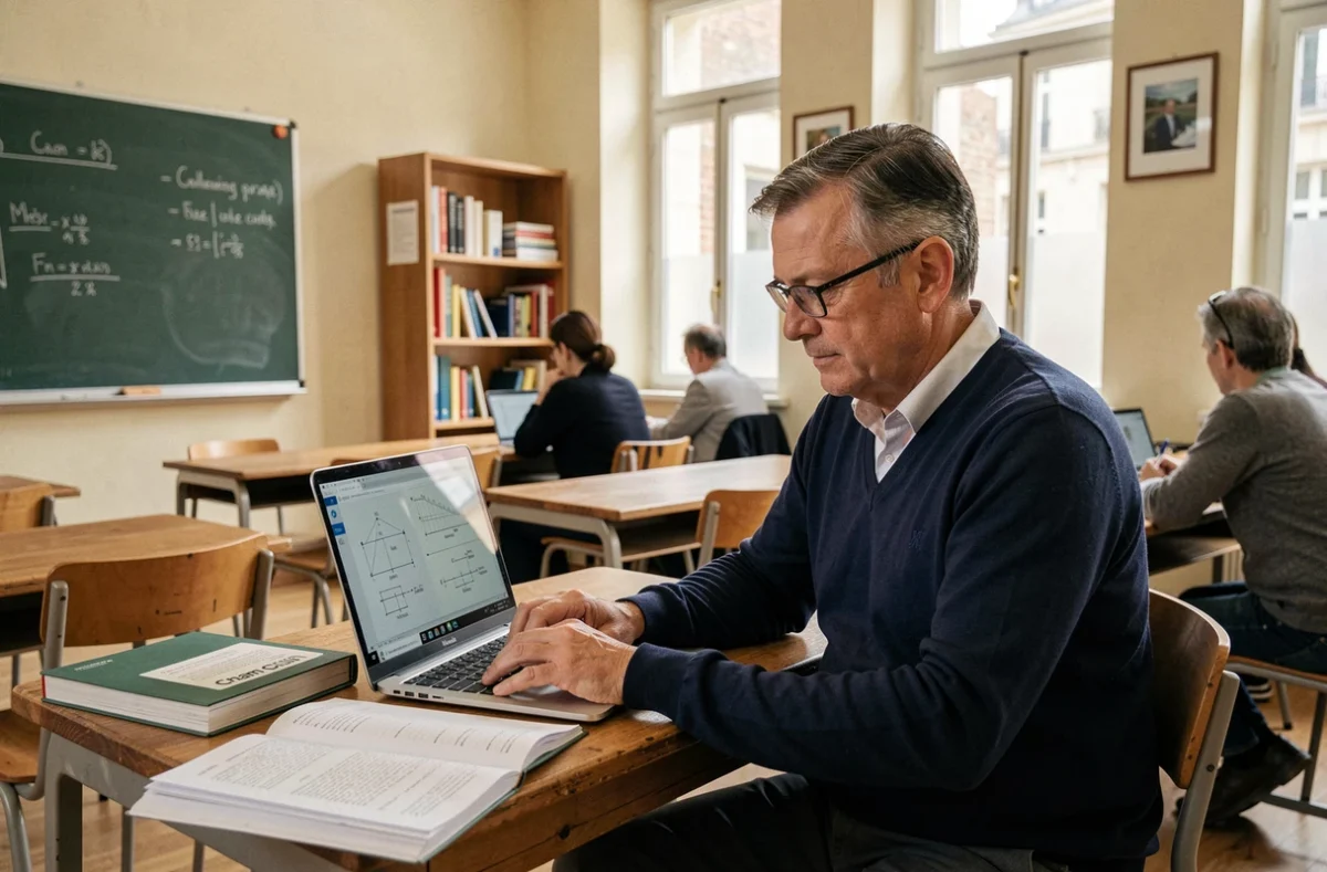 Étudiant adulte en formation continue au Cnam Grand Est, travaillant sur un cours d'ingénierie en classe