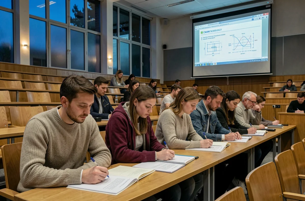 Étudiants adultes en cours du soir au Conservatoire National des Arts et Métiers de Normandie
