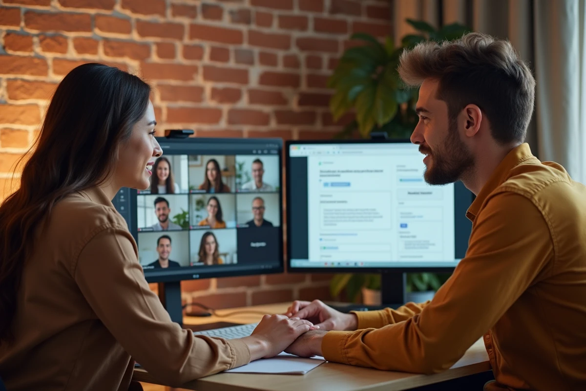 Deux collègues en télétravail collaborant en visioconférence sur une plateforme académique en ligne