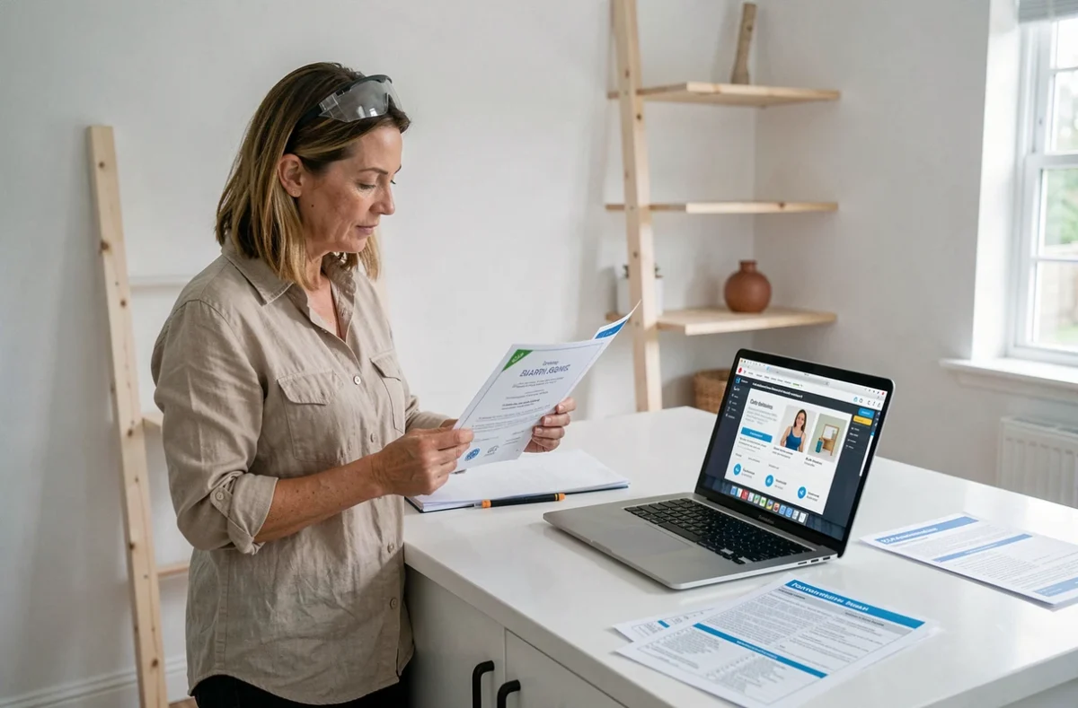 Femme comparant des certifications de formation bricolage CPF avec des documents imprimés et un ordinateur portable