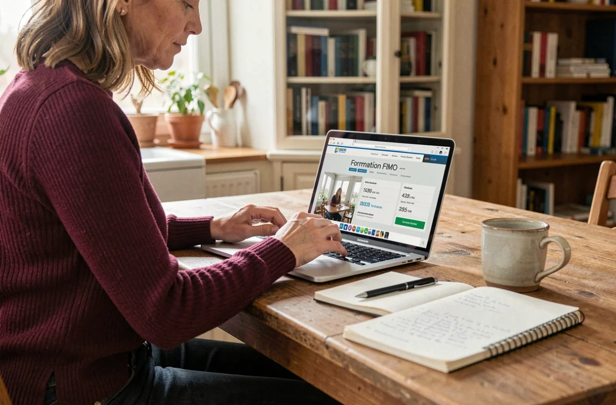 Une femme compareant en ligne les prix de formation FIMO depuis son domicile pour trouver le meilleur tarif