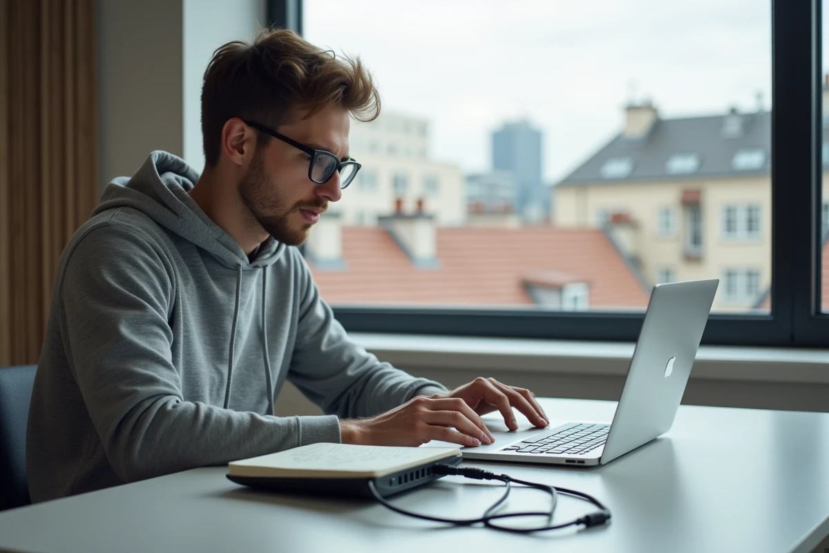 Homme configurant sa connexion Wi-Fi à domicile pour suivre des cours en ligne Arena Académie