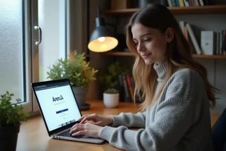 Femme connectée sur le portail ArenA ac Amiens depuis un bureau à domicile, première connexion étape par étape