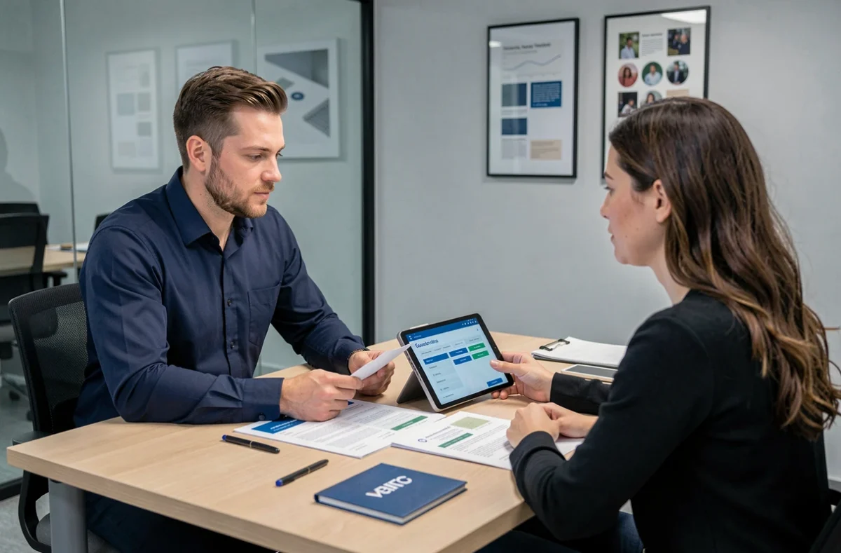 Conseiller en formation CPF expliquant un programme de décoration intérieure à une cliente dans un centre de formation moderne
