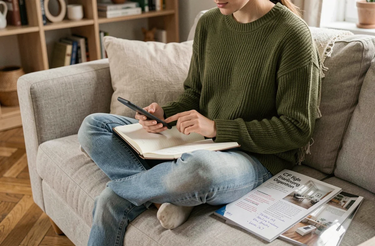 Jeune femme recherchant les coordonnées de Decoscope pour s'inscrire à une formation décoration financée par le CPF depuis chez elle