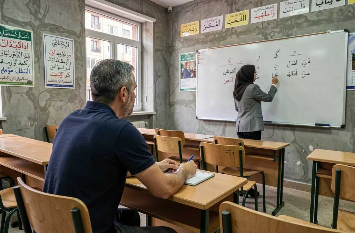Homme adulte apprenant l'arabe en présentiel avec une professeure devant un tableau blanc dans une salle de classe