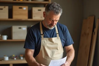 Homme débutant en bricolage consultant une fiche d'instructions dans un atelier domestique bien rangé avec des outils de base