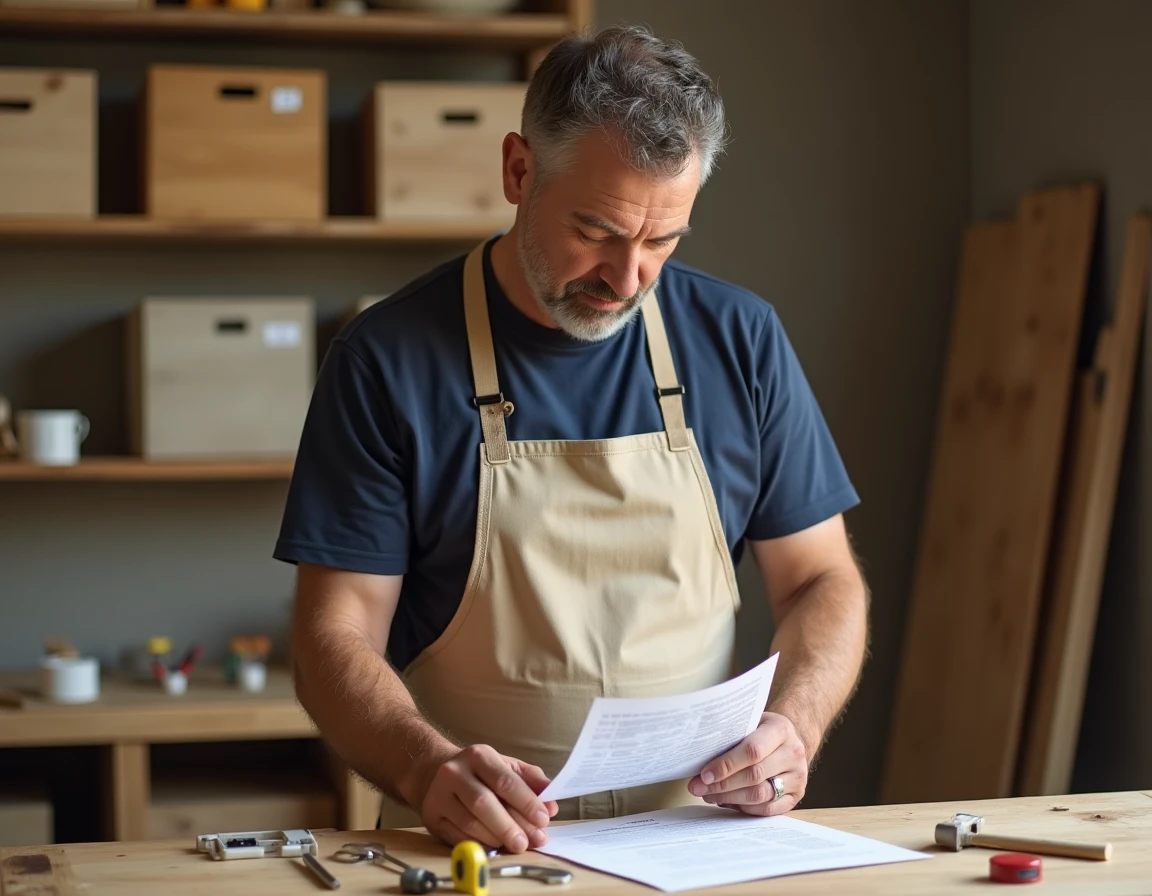 Homme débutant en bricolage consultant une fiche d'instructions dans un atelier domestique bien rangé avec des outils de base