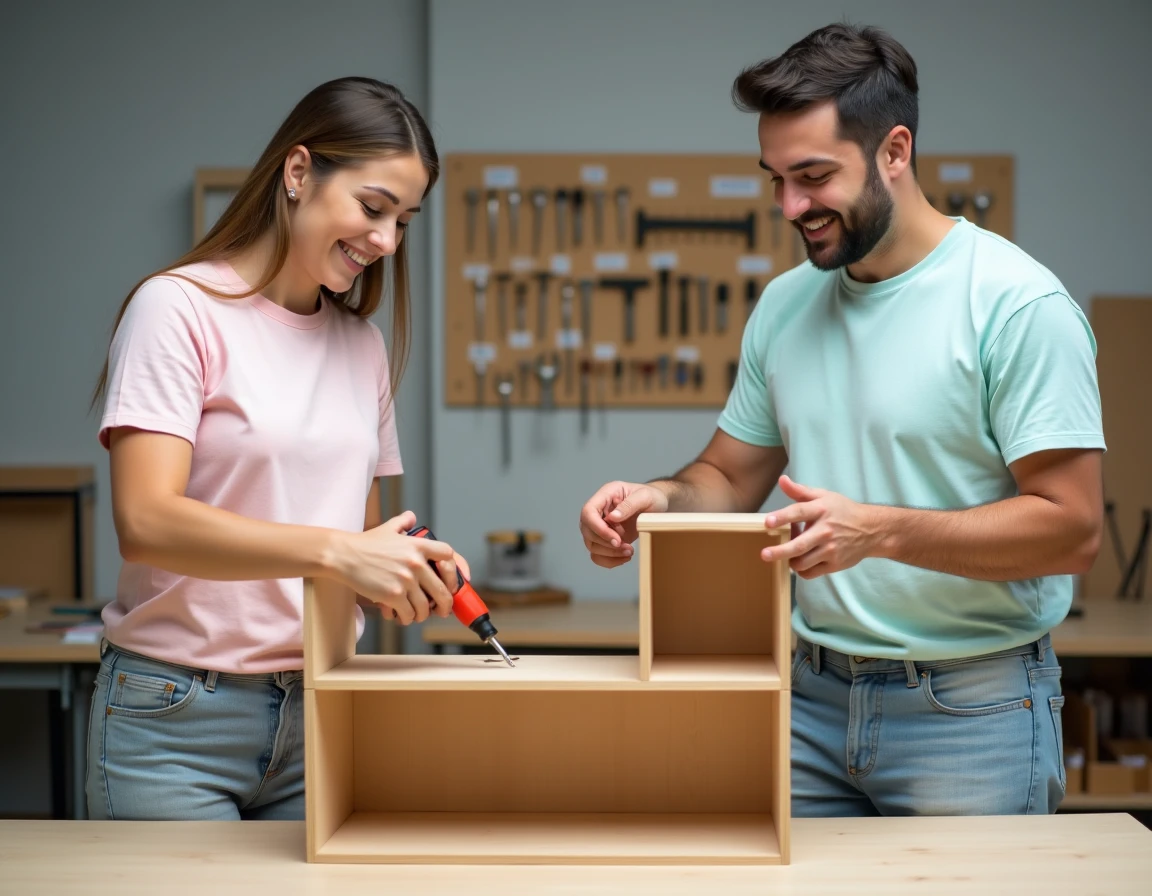 Deux adultes débutants assembant une étagère en bois ensemble lors d'un cours de bricolage en atelier collectif