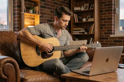 Jeune homme apprenant la guitare en ligne sur son canapé avec un ordinateur portable, cours de guitare intensif à domicile