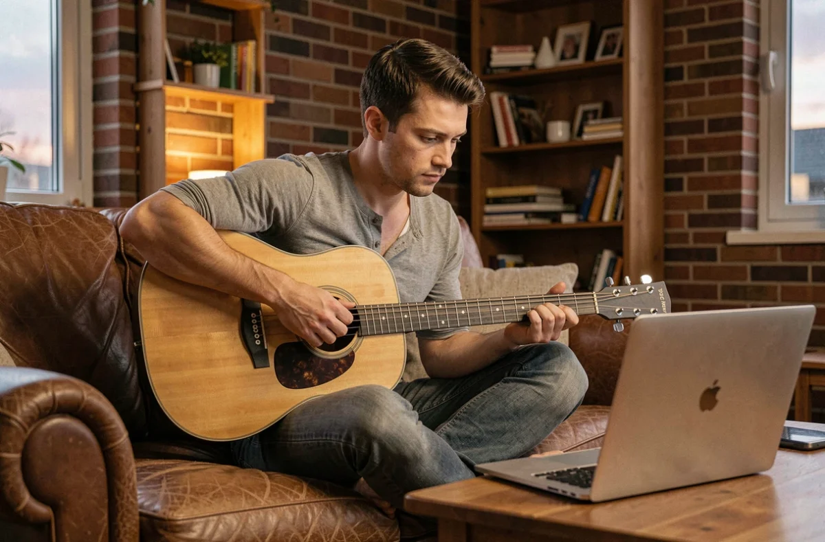 Jeune homme apprenant la guitare en ligne sur son canapé avec un ordinateur portable, cours de guitare intensif à domicile