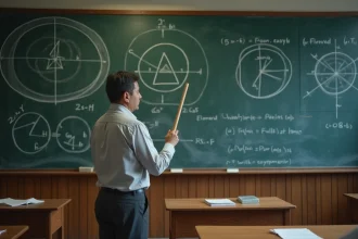 Professeur de mathématiques expliquant la démonstration géométrique de cos(a+b) et sin(a+b) devant un tableau noir couvert de cercles trigonométriques