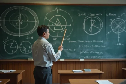 Professeur de mathématiques expliquant la démonstration géométrique de cos(a+b) et sin(a+b) devant un tableau noir couvert de cercles trigonométriques