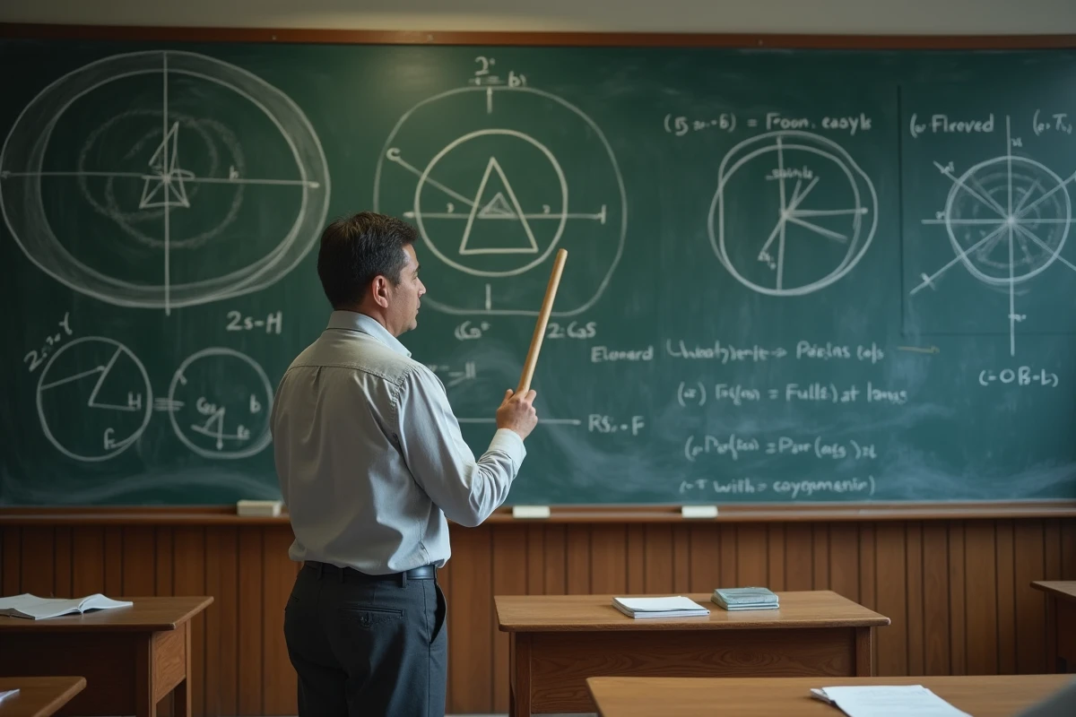Professeur de mathématiques expliquant la démonstration géométrique de cos(a+b) et sin(a+b) devant un tableau noir couvert de cercles trigonométriques