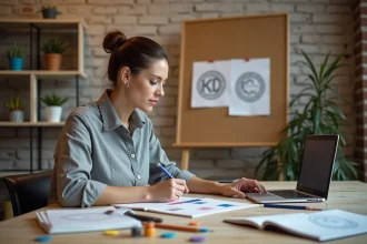 Designer graphique comparant des esquisses de logos d'école épinglées sur un tableau en liège dans un studio créatif