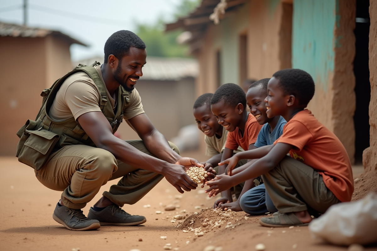 Travailleur humanitaire distribue des aliments aux enfants