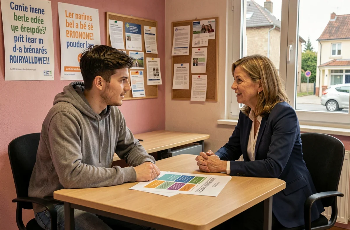 Jeune adulte en entretien d'orientation à l'E2C Lorraine avec une conseillère en insertion professionnelle