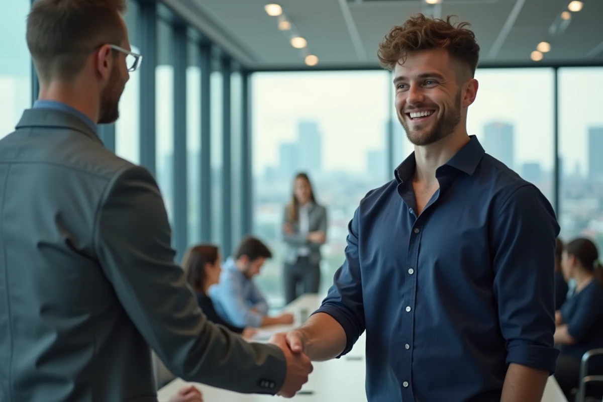 Jeune homme serrant la main d une responsable RH à Bordeaux
