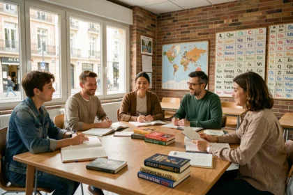 Groupe d'étudiants adultes diversifiés autour d'une table dans une école de langues moderne à Toulouse, avec des manuels et cartes du monde en arrière-plan
